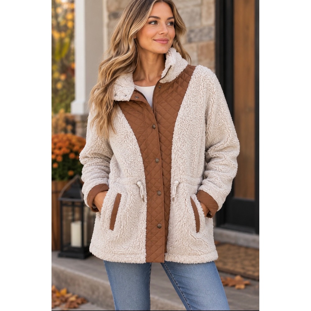 BKE Women's Sherpa Fleece Quilted Utility Jacket Cream Brown Size Medium